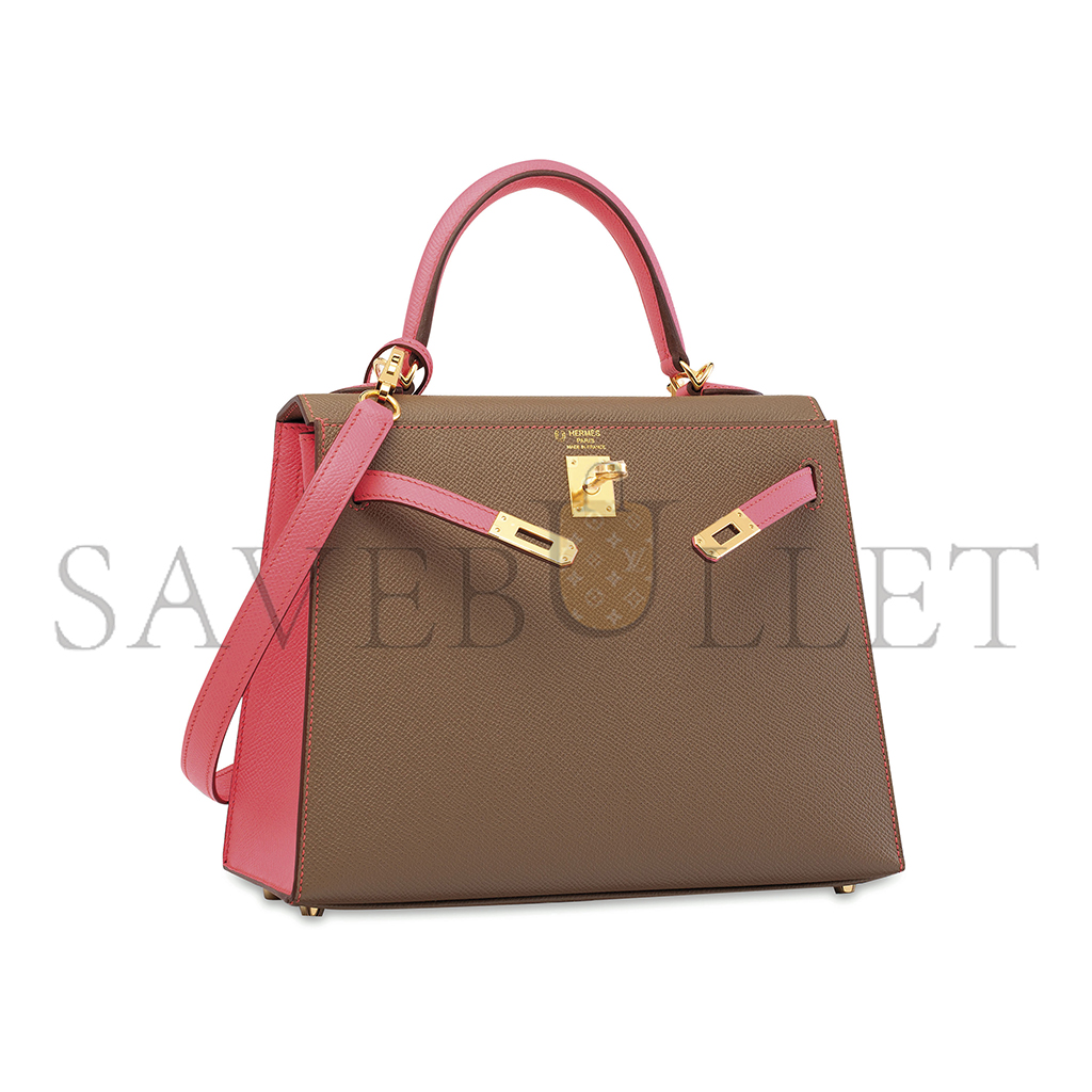 HERMÈS MASTER ÉTOUPE & ROSE AZALÉE EPSOM KELLY 25 WITH GOLD HARDWARE (25*17*7cm)
